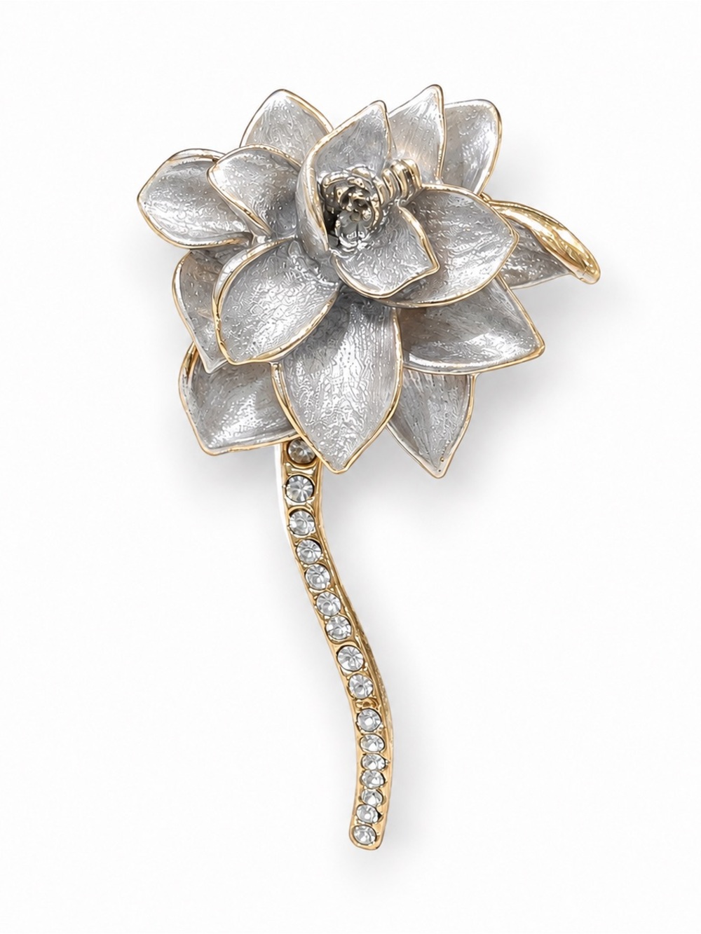 Silvery-lilac Lotus-Style Flower Brooch Rhinestone Stem Statement Pin